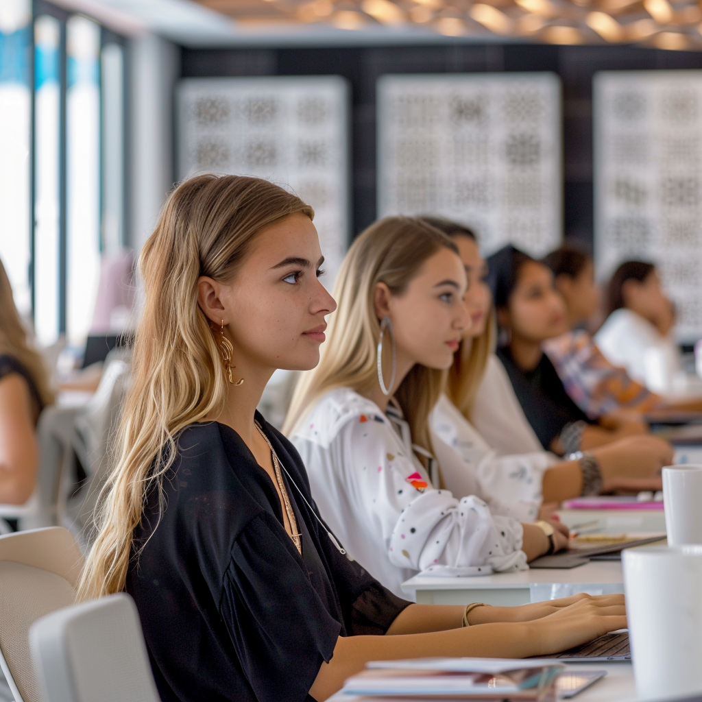 Bildung in Dubai Studenten im Unterricht in Dubai, aufmerksam zuhörend.