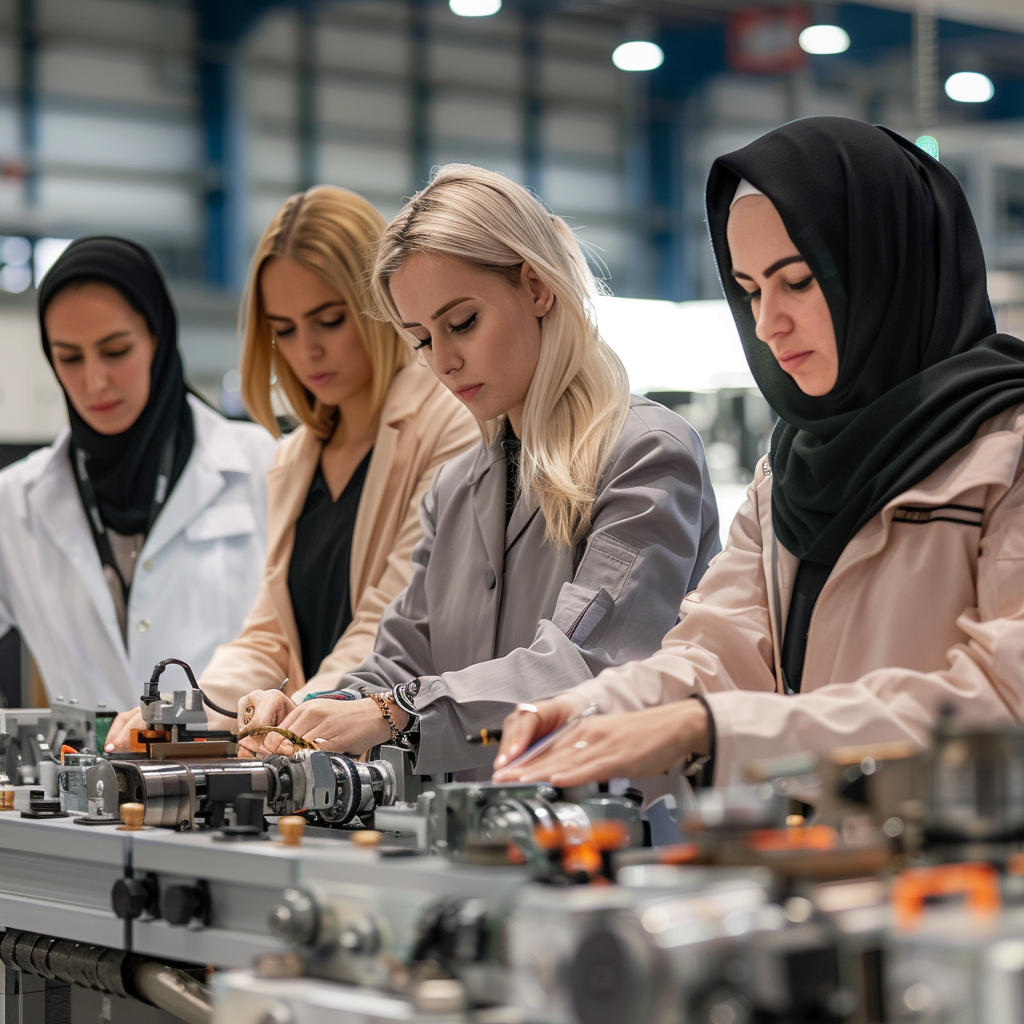Frauen in der Technikwerkstatt Eine Gruppe von Frauen arbeitet konzentriert in einer Technikwerkstatt.