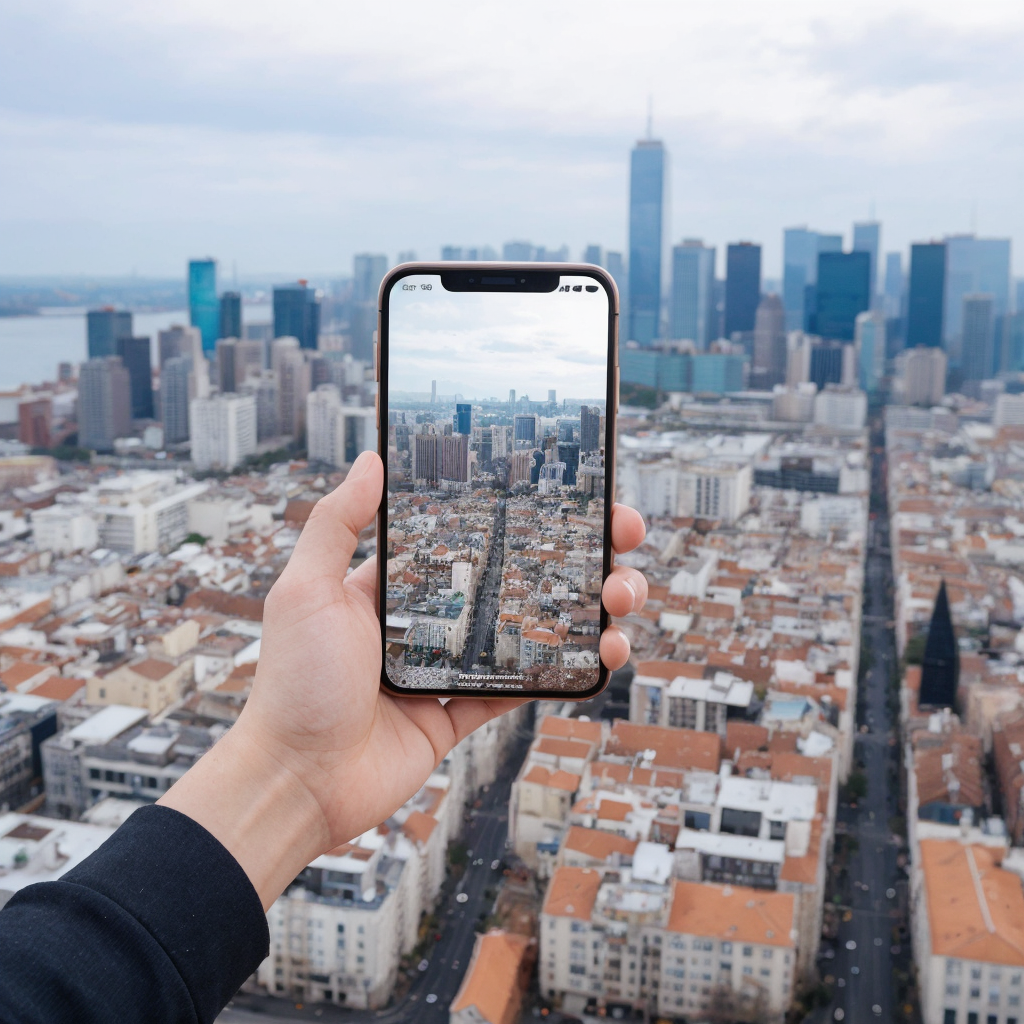hand-taking-photo-over-city