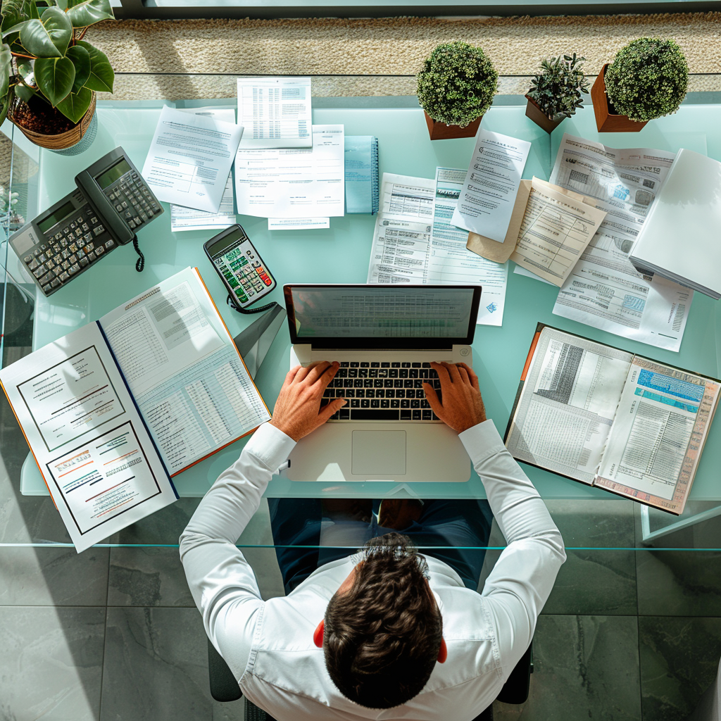 Accountant at Desk with Documents An accountant working at a desk filled with documents and a laptop.