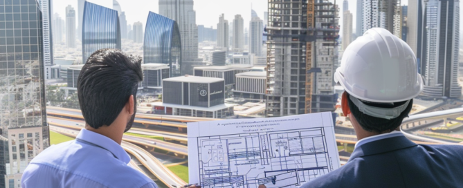 Zwei Architekten betrachten einen Bauplan vor der Skyline von Dubai.