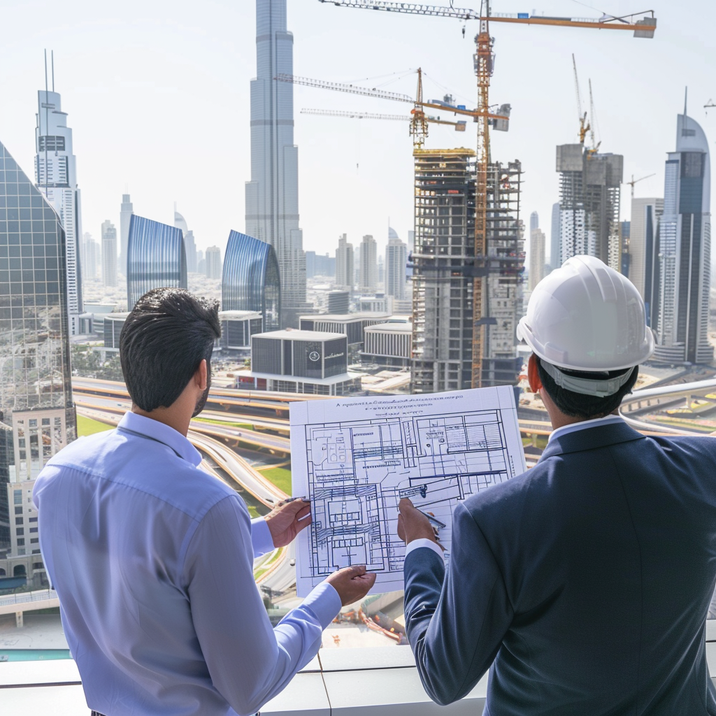 Zwei Architekten betrachten einen Bauplan vor der Skyline von Dubai.