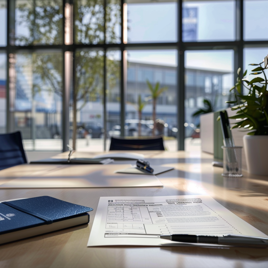 A bank account opening form lying on a desk in a modern office.
