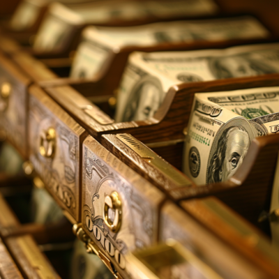 Cash Drawers in a Bank Drawers filled with hundred-dollar bills in a bank.