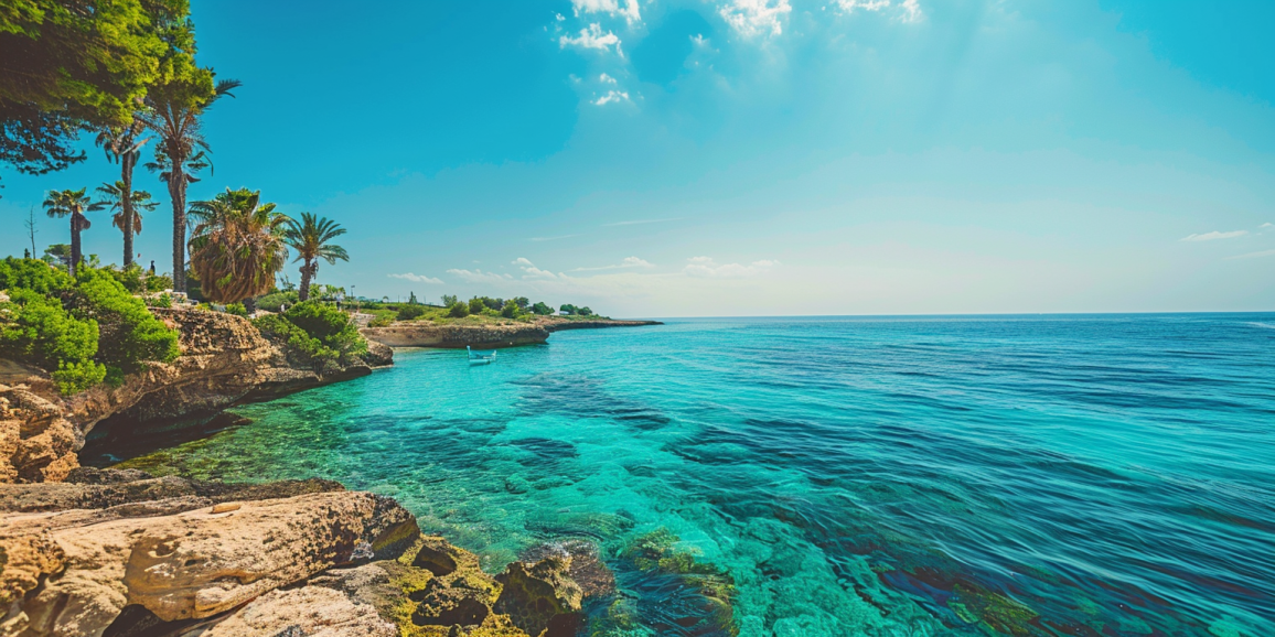 Picturesque Coastal Landscape in Cyprus A picturesque coastal landscape in Cyprus with clear blue water and palm trees.