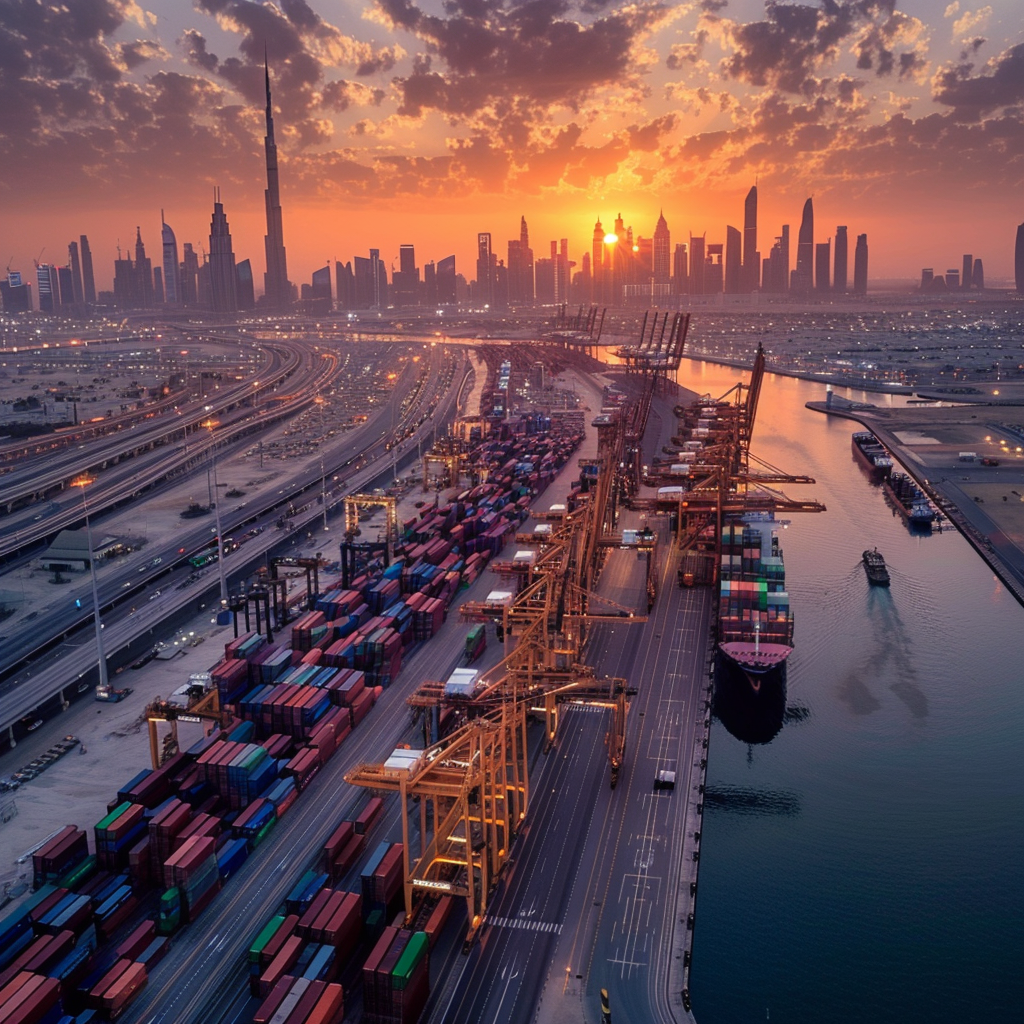 Container Port in Dubai at Sunset A container port in Dubai at sunset with the skyline in the background.