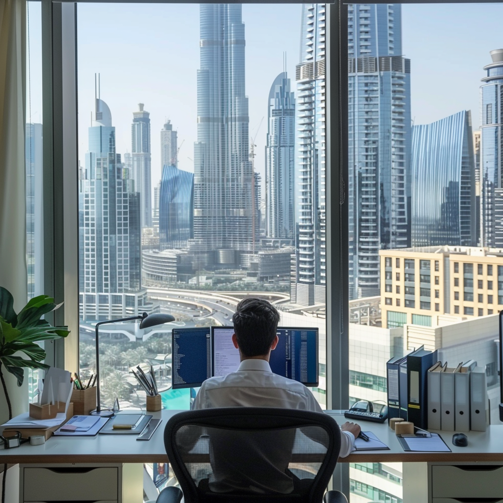 Elegant Office with a View of Dubai Skyline A man working at a desk in an elegant office with a view of the Dubai skyline.