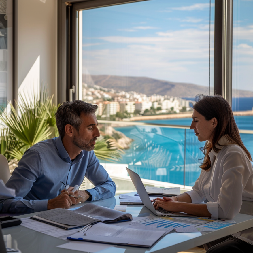 An entrepreneur and a financial advisor in a meeting with a sea view.