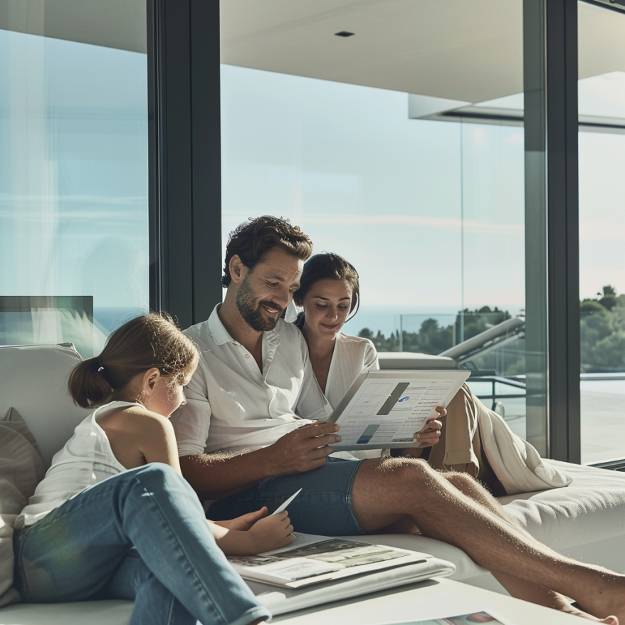 A family sitting on a terrace enjoying time together.