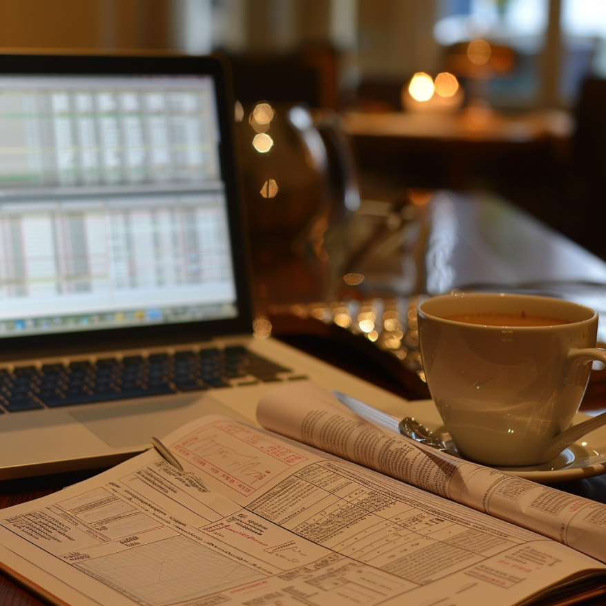 A laptop with financial statistics, an open book, and a cup of coffee on a desk.