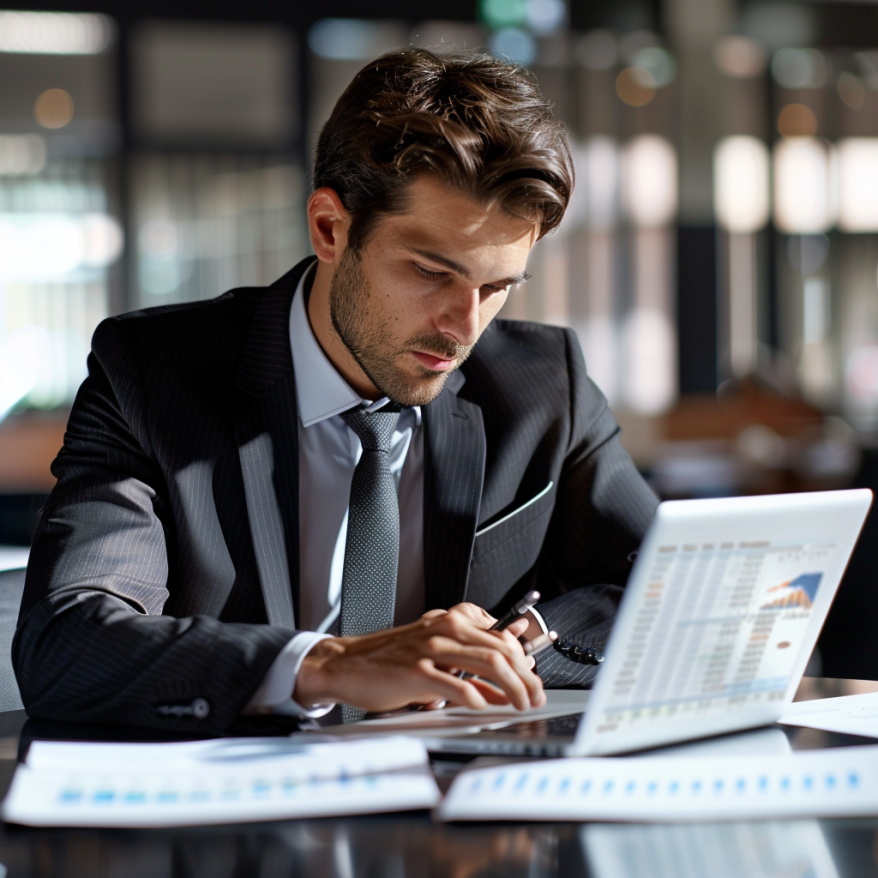 Finanzberater analysiert Daten am Laptop Ein Finanzberater arbeitet konzentriert an einem Laptop mit Finanzdaten.