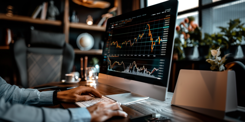 Finanzdiagramm auf Computer im modernen Büro Eine Person arbeitet an einem Computer mit einem Finanzdiagramm in einem modernen Büro.