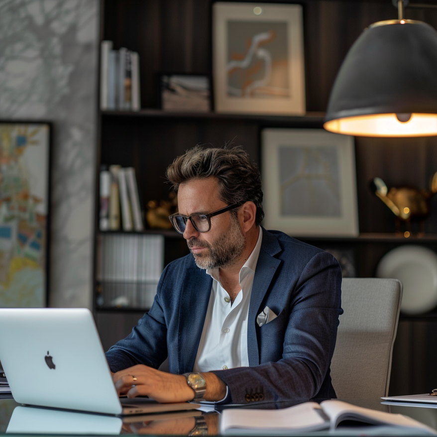 Geschäftsmann im stilvollen Büro Ein Geschäftsmann arbeitet konzentriert an einem Laptop in einem stilvoll eingerichteten Büro.