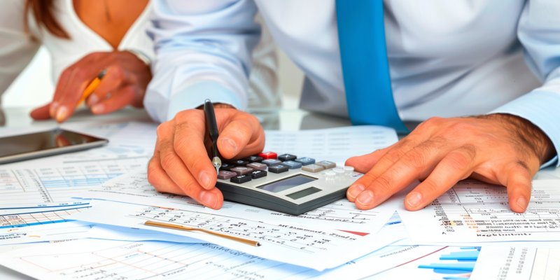 Geschäftsleute analysieren Finanzdaten Zwei Geschäftsleute analysieren Finanzdaten mit einem Taschenrechner und Dokumenten.