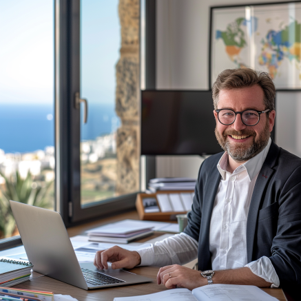 A happy entrepreneur working at a desk in an office with a sea view.