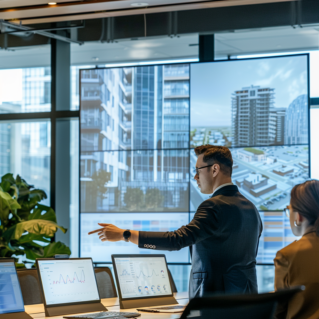 Immobilienentwickler präsentiert Projektpläne Ein Immobilienentwickler präsentiert detaillierte Projektpläne in einem modernen Konferenzraum.