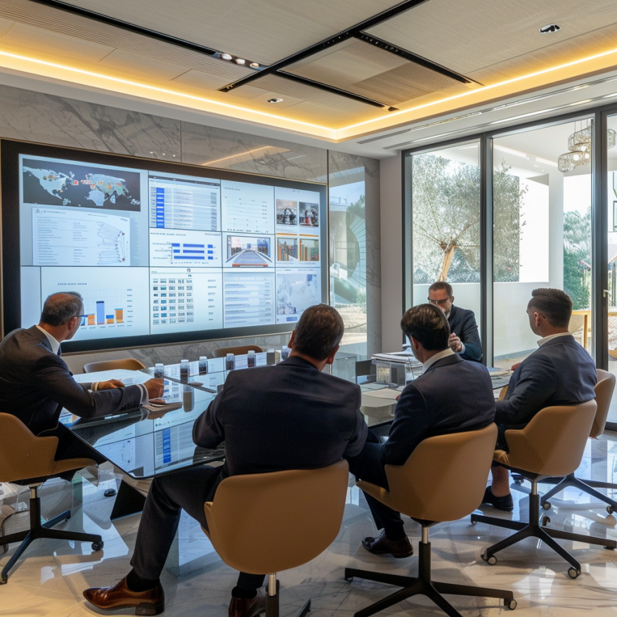 An international investor meeting in a modern conference room with large screens.