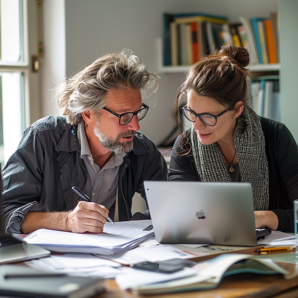 Two lawyers working in the office on a laptop.