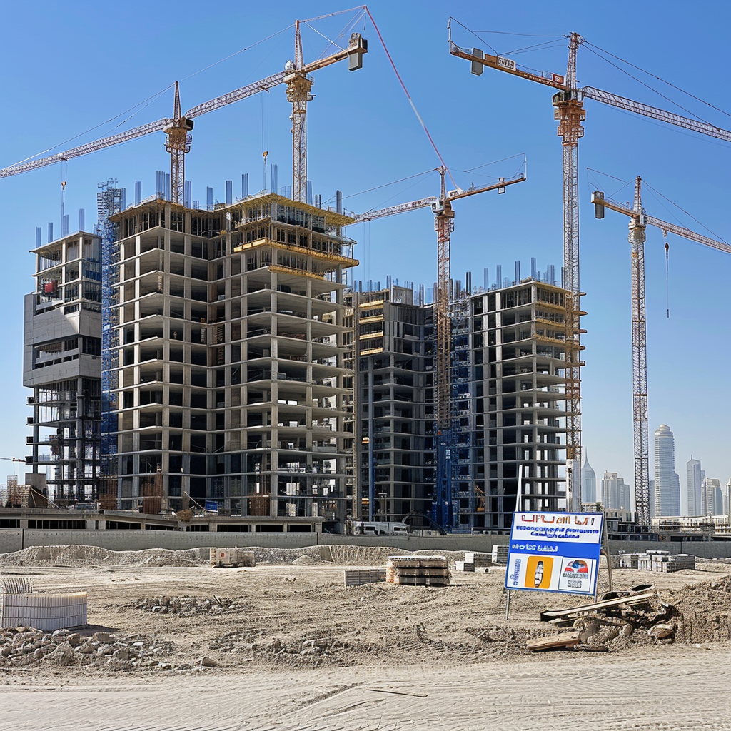 Moderne Baustelle in Dubai Eine moderne Baustelle in Dubai mit mehreren Kränen und im Bau befindlichen Hochhäusern.