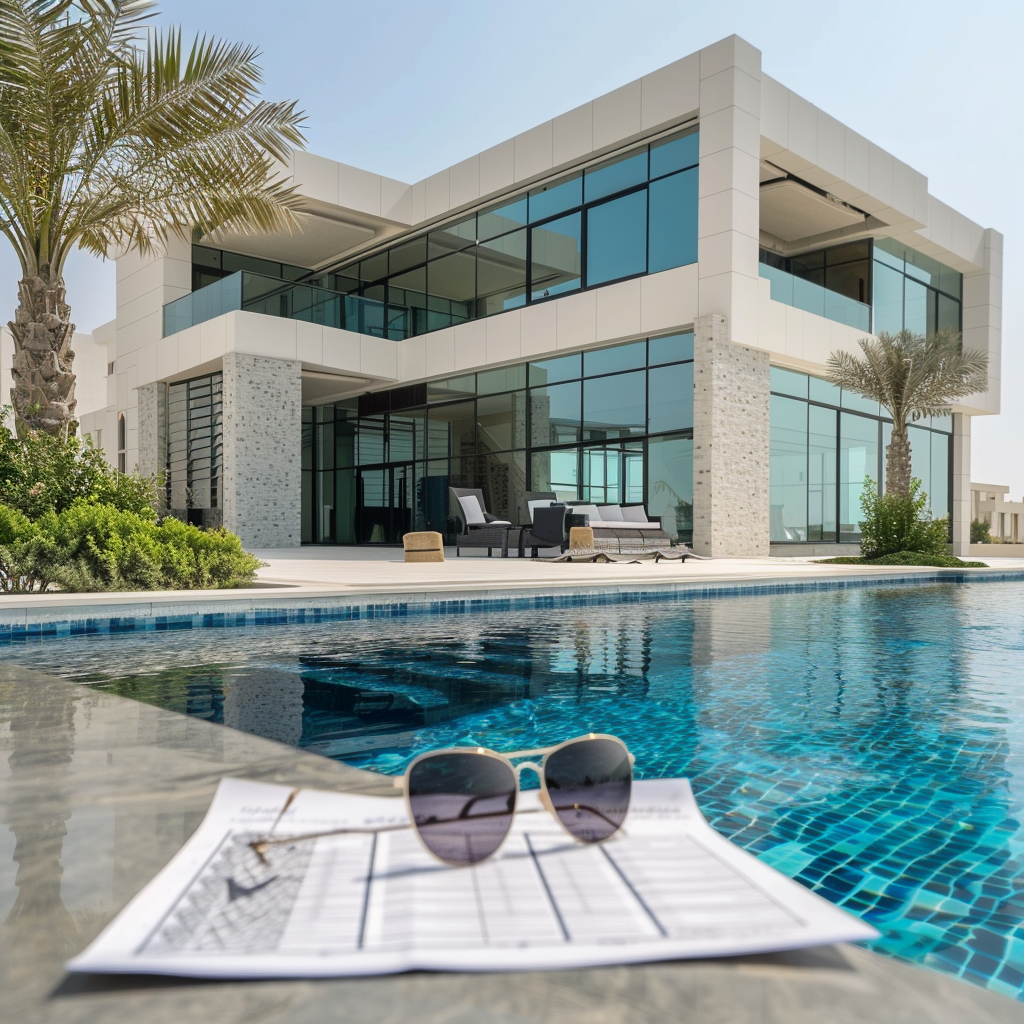Moderne Villa mit Pool und Finanzdokument Eine moderne Villa mit einem Pool im Vordergrund und einem Finanzdokument mit Sonnenbrille.