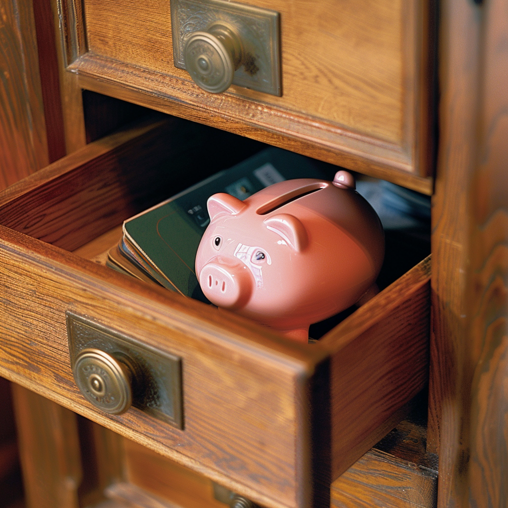 Pink Piggy Bank in a Wooden Drawer A pink piggy bank in an open wooden drawer.