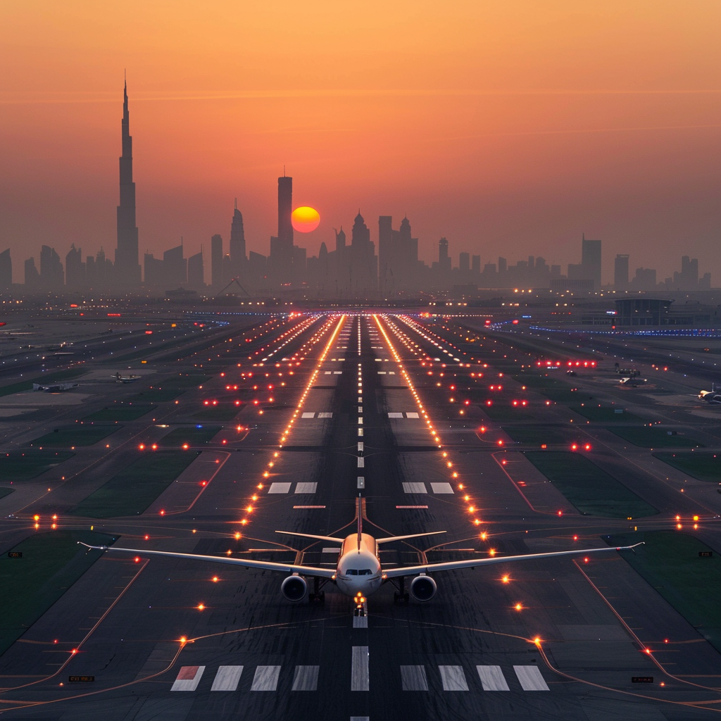 Airplane on Runway with Dubai Skyline at Sunset An airplane on a runway at sunset with the Dubai skyline in the background.