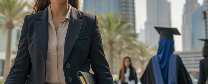 A young woman in professional attire walking in Dubai with the skyline in the background.