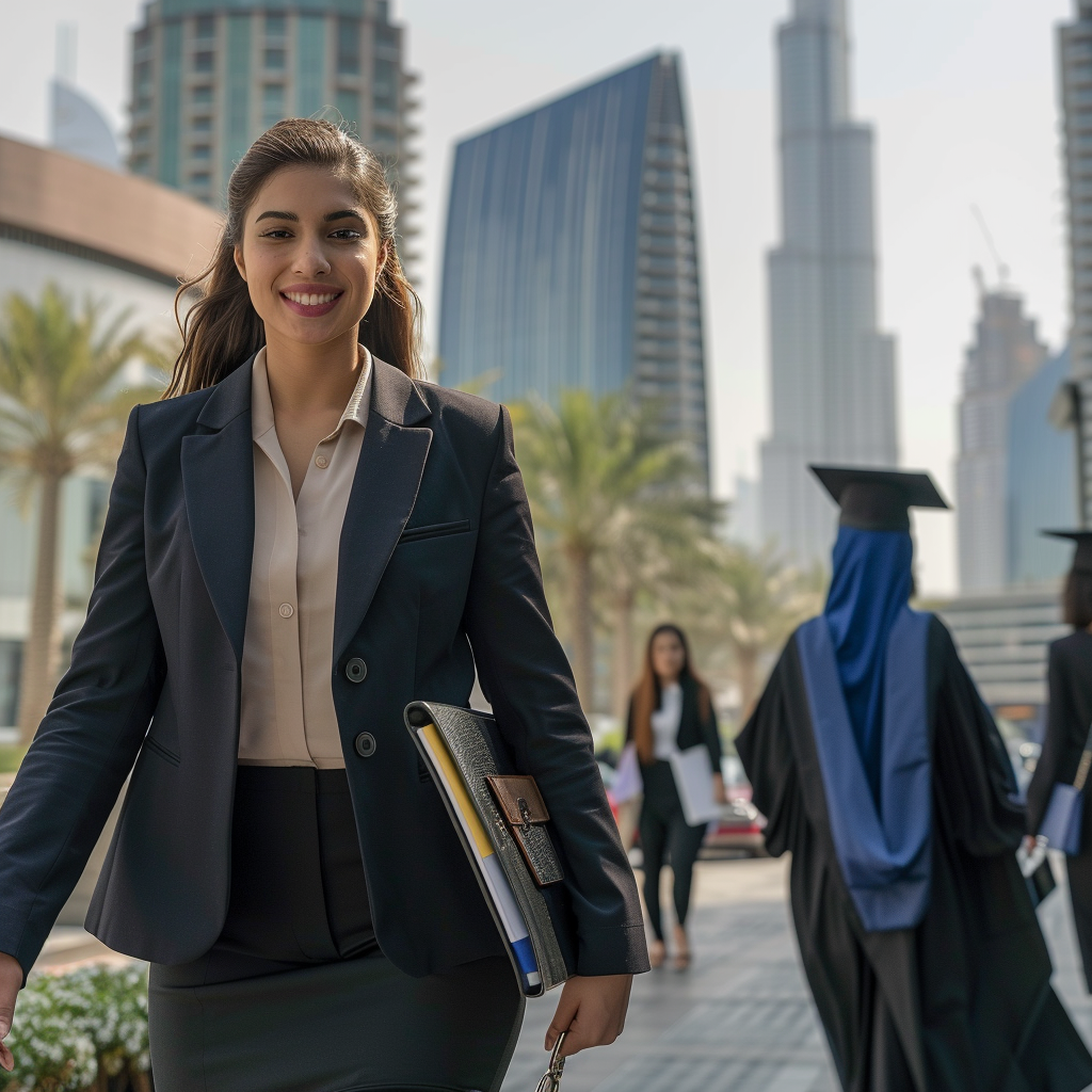 A young woman in professional attire walking in Dubai with the skyline in the background.