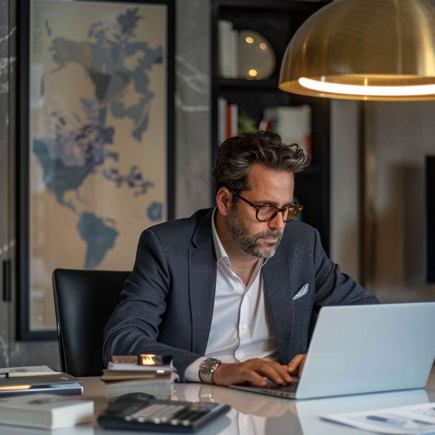 Stilvoller Anwalt im Büro bei der Arbeit Ein Anwalt in einem stilvoll eingerichteten Büro arbeitet konzentriert an einem Laptop.