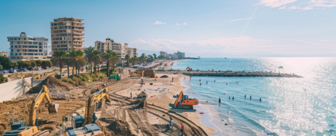 Bauarbeiten an einem Strand in Zypern bei sonnigem Wetter.