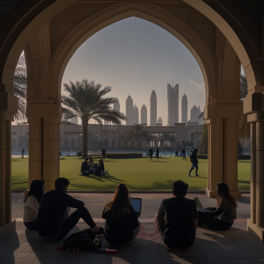 Studenten auf dem Campus in Dubai Studenten sitzen auf dem Campus in Dubai mit der Skyline im Hintergrund.