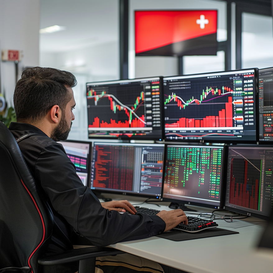 Ein Trader arbeitet an einem Schreibtisch mit mehreren Monitoren, die Finanzdaten anzeigen.