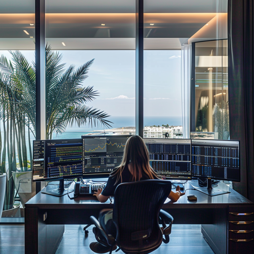 A trader working in an elegant office with a sea view in Cyprus.