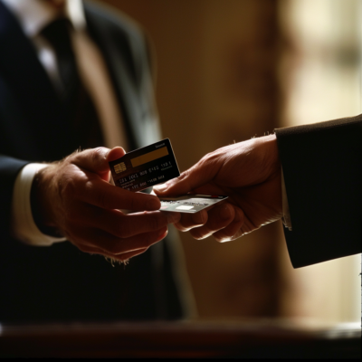 Übergabe einer Bankkarte Zwei Personen tauschen eine Bankkarte aus, wobei nur ihre Hände sichtbar sind.