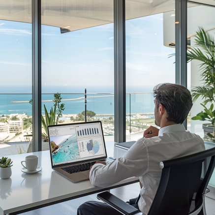 Unternehmer im Büro mit Meerblick Ein Unternehmer arbeitet an einem Laptop in einem Büro mit Meerblick.