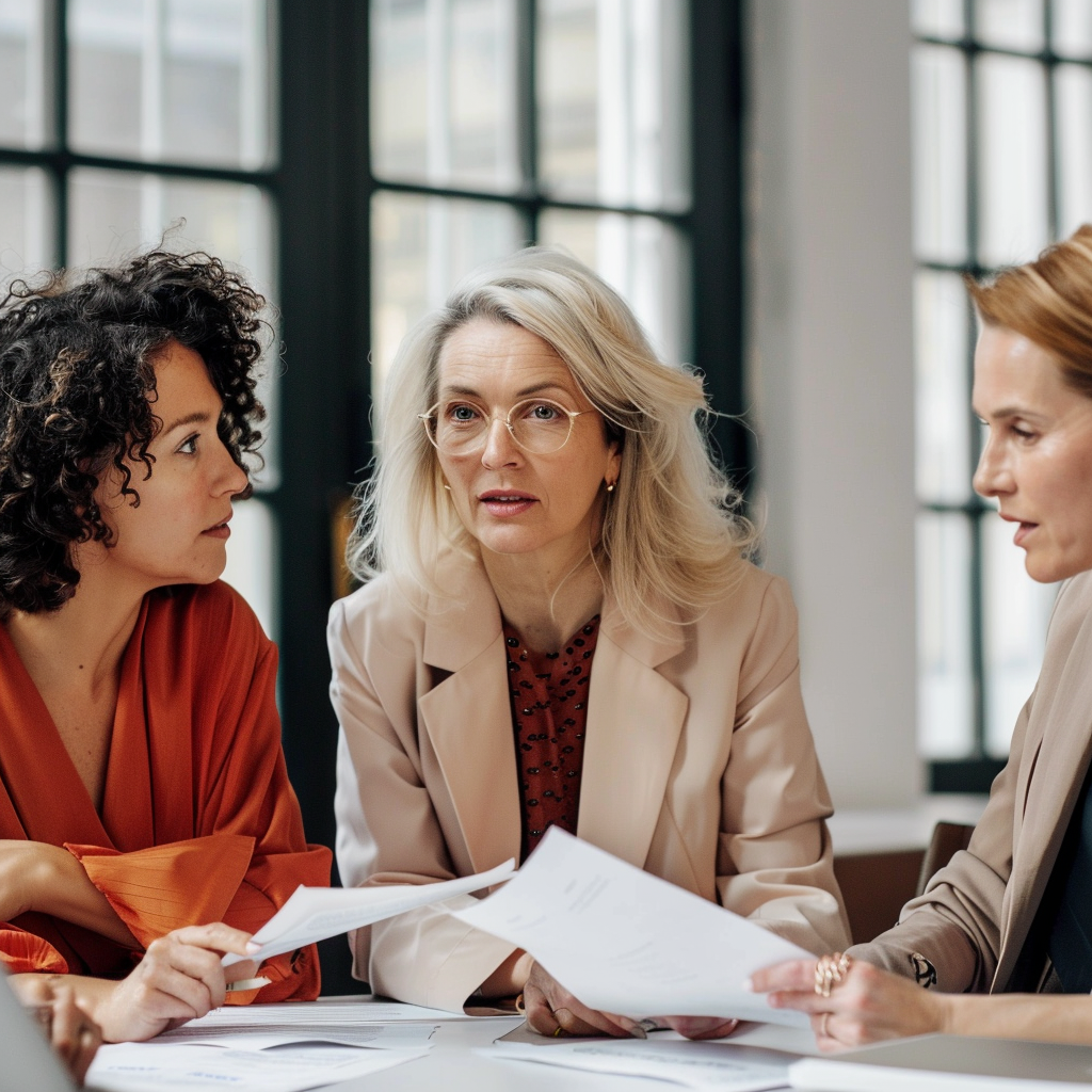 Women Discussing Documents in Office Women in an office discussing documents.