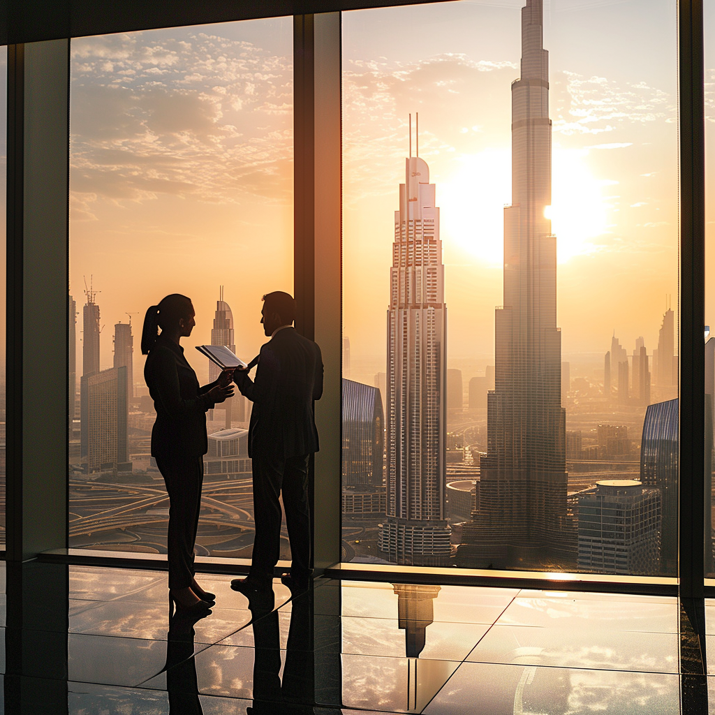 Zwei Geschäftsleute in einem Büro mit Blick auf die Skyline von Dubai bei Sonnenuntergang