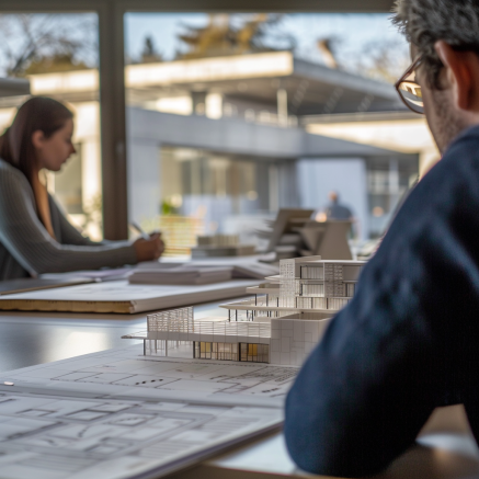 Architekten bei der Modellplanung im modernen Büro Architekten in einem modernen Büro, die an einem Architekturmodell arbeiten.