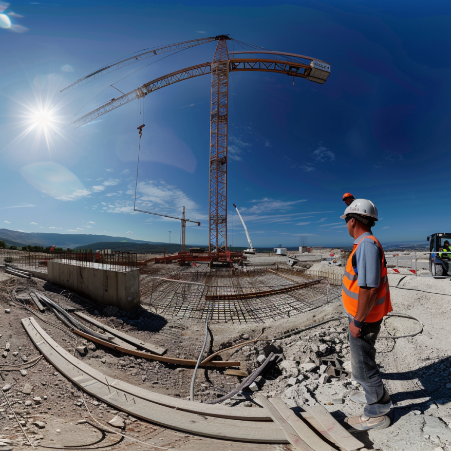 Baustellen-Panorama mit Kran und Ingenieur Ein Ingenieur auf einer Baustelle, der einen Kran und Bauarbeiten überwacht.