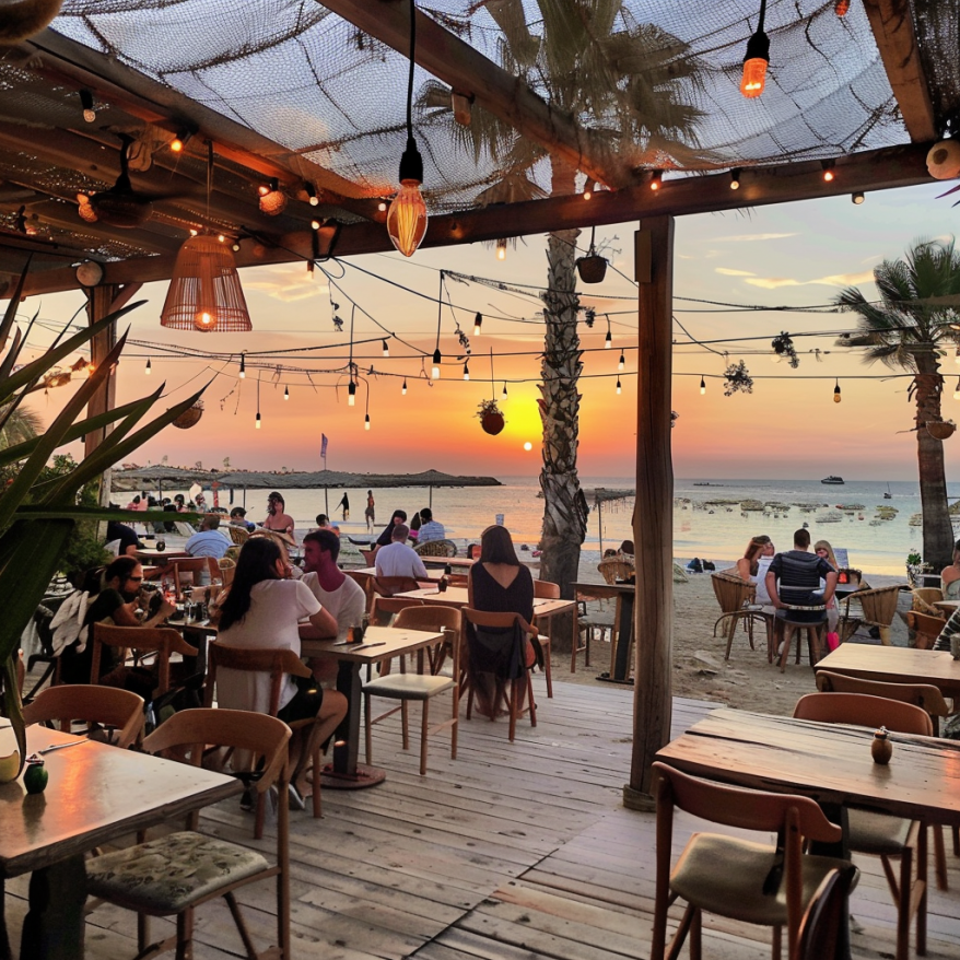A lively beach restaurant at sunset with guests dining by the shore.