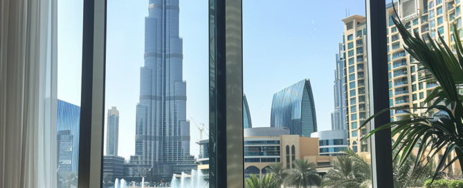 Ein Café in der Dubai Mall mit Panoramafenstern, die einen Blick auf den Burj Khalifa bieten.