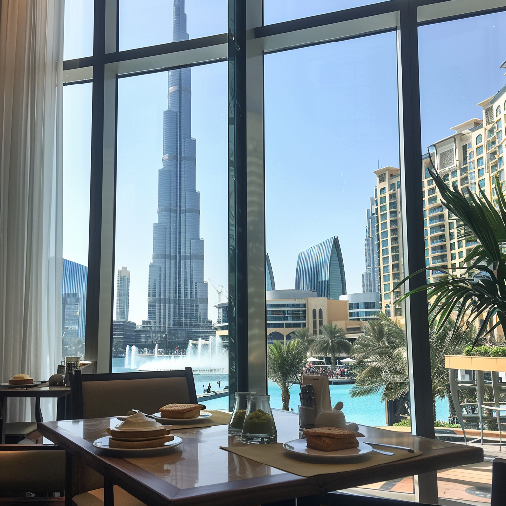 Ein Café in der Dubai Mall mit Panoramafenstern, die einen Blick auf den Burj Khalifa bieten.