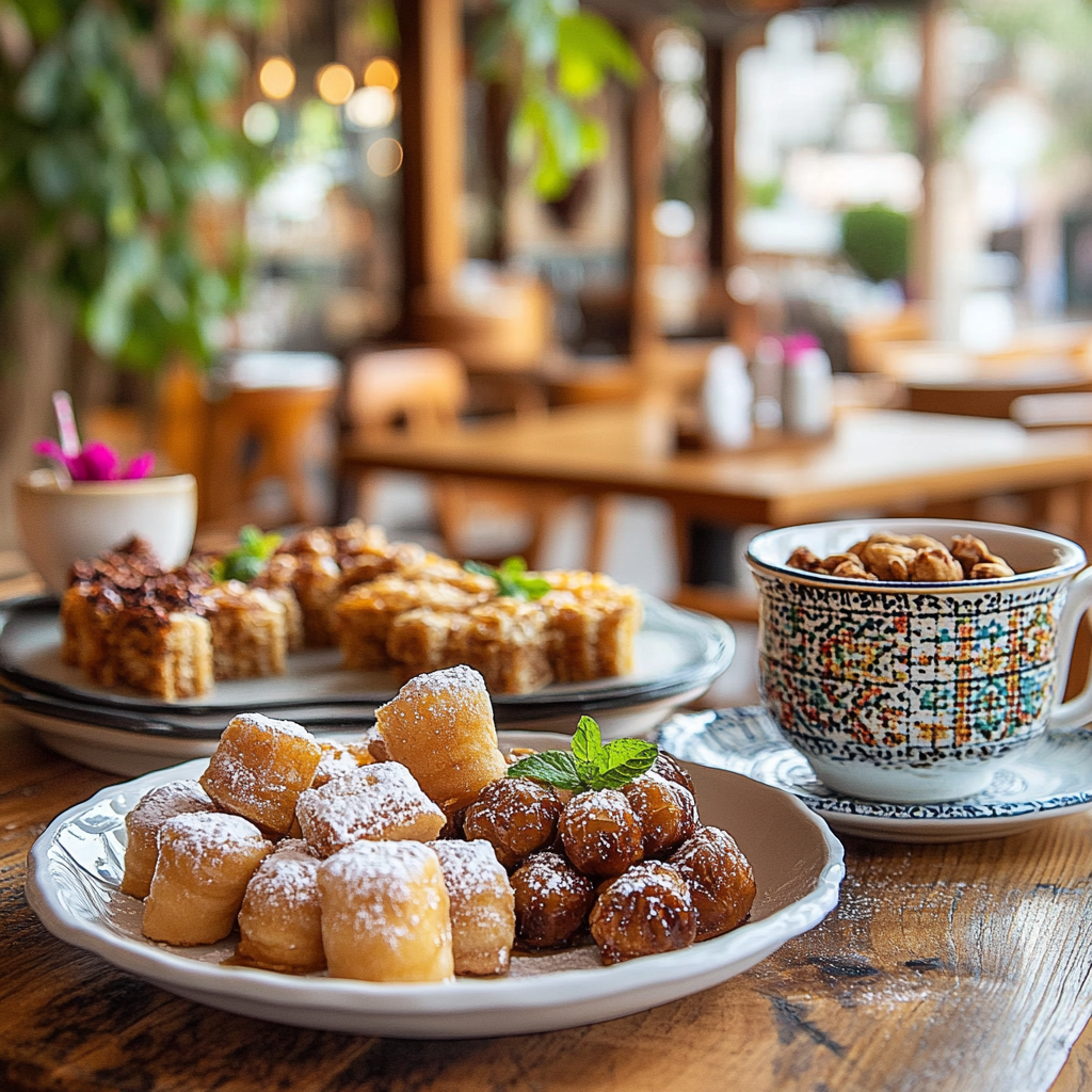 Auswahl traditioneller zyprischer Desserts Ein Tisch mit einer Auswahl traditioneller zyprischer Desserts in einem gemütlichen Restaurant.