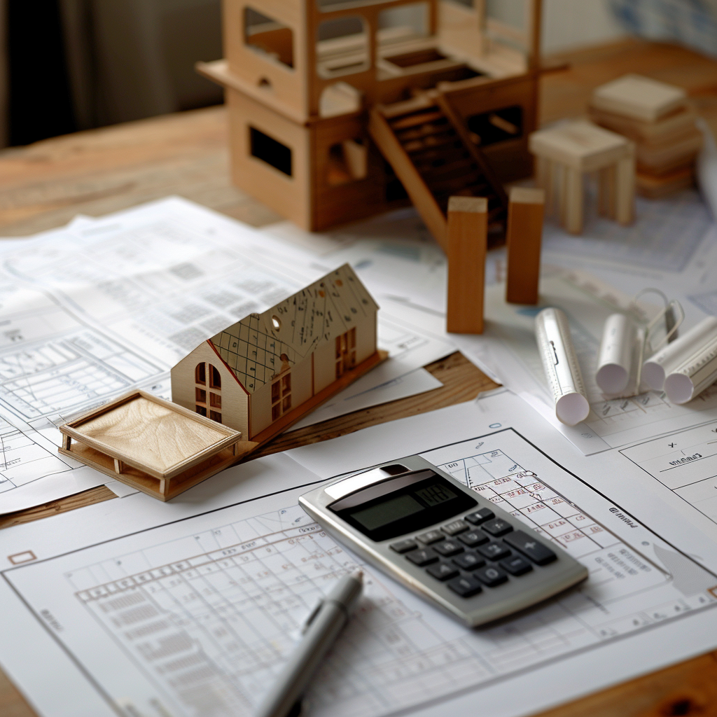 Planning and Calculation of a Construction Project A calculator, blueprints, and a model house on a desk.