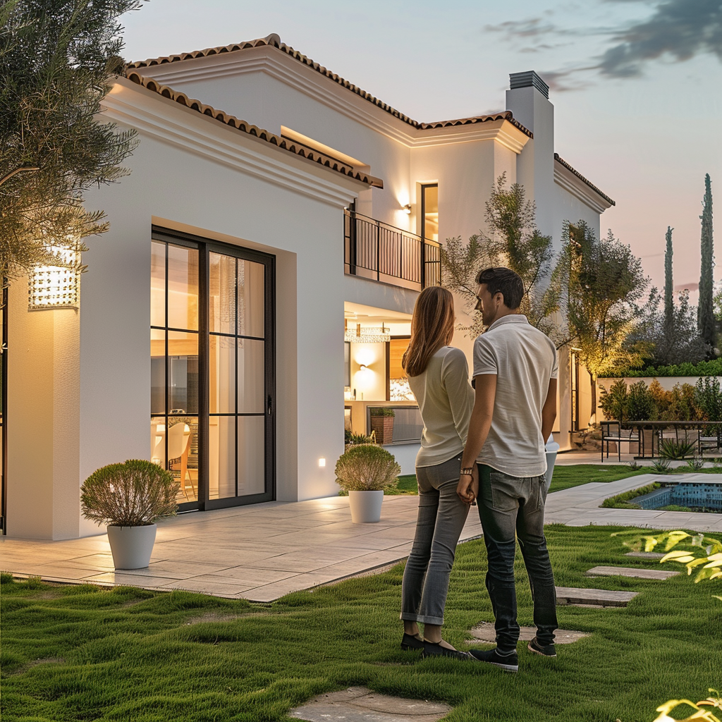 Dream Home in Cyprus at Sunset A couple standing in front of a modern, two-story house in Cyprus at sunset.