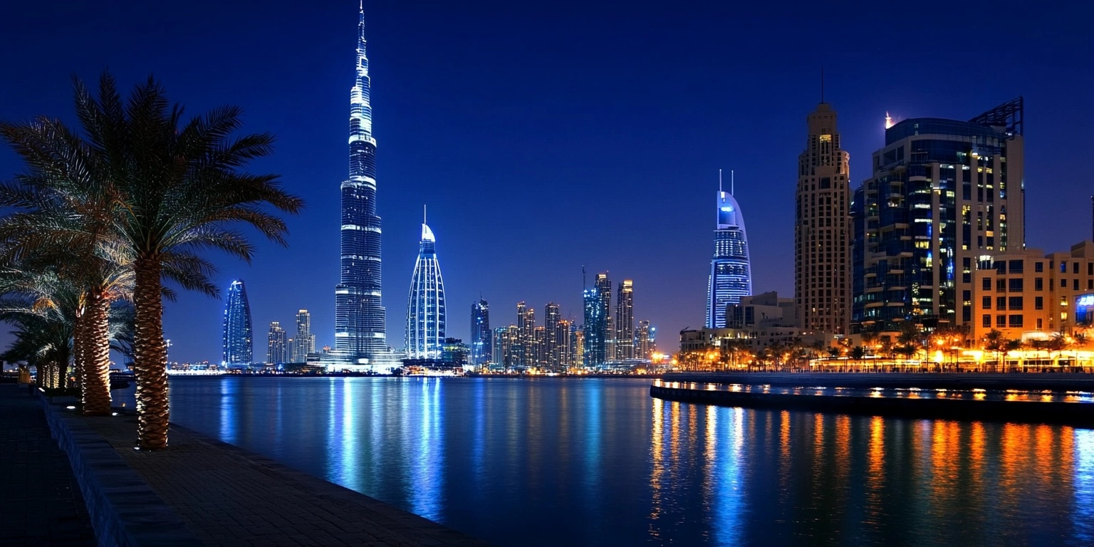dubai by night hand with phone taking picture