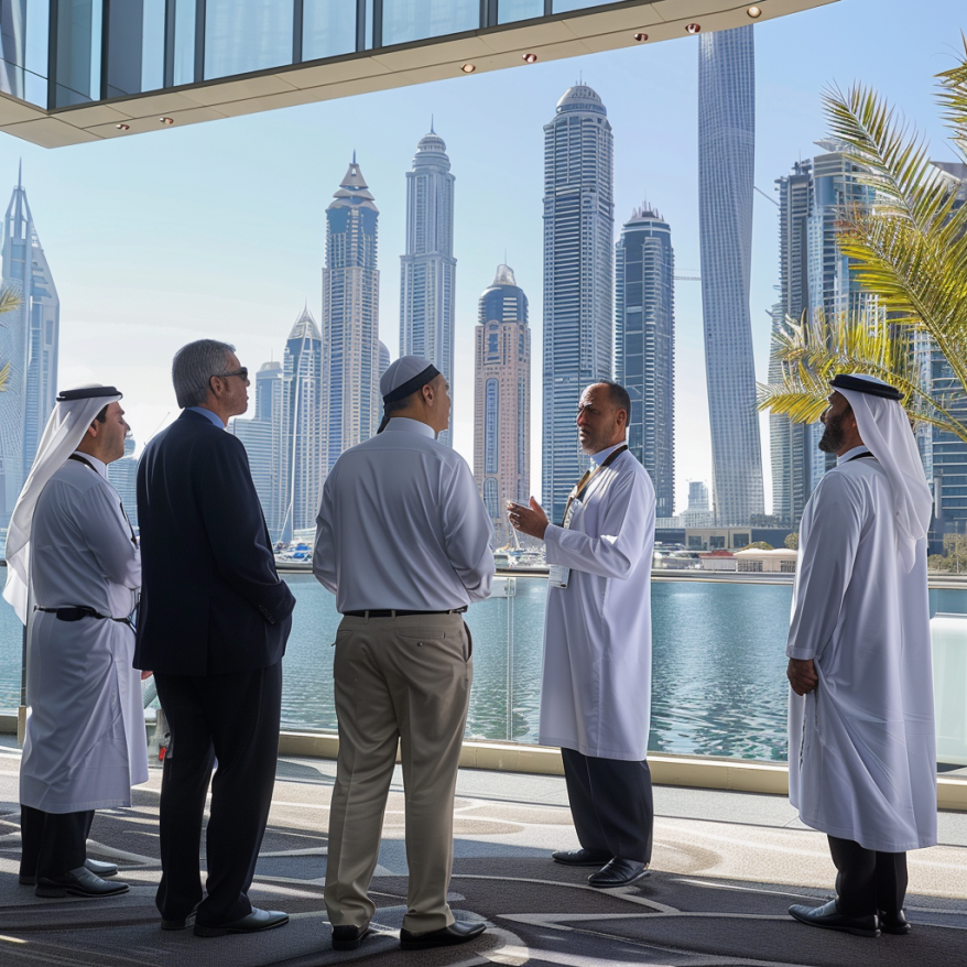Internationale Geschäftsleute in der Freihandelszone von Dubai Internationale Geschäftsleute diskutieren in der Freihandelszone von Dubai mit Wolkenkratzern im Hintergrund.