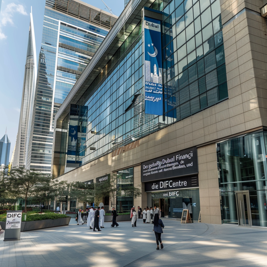 Dubai International Financial Centre (DIFC) Das geschäftige Dubai International Financial Centre (DIFC) mit modernen Gebäuden und Menschen.