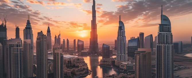 Panoramablick auf die Skyline von Dubai mit dem Burj Khalifa bei Sonnenuntergang.