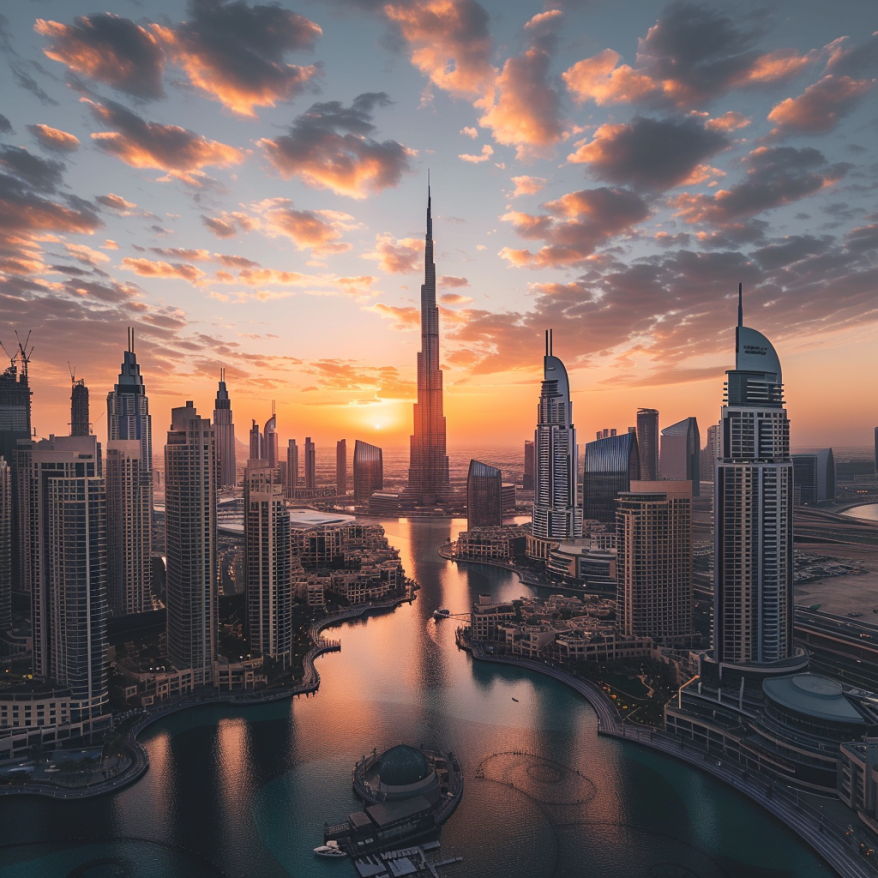 Panoramablick auf die Skyline von Dubai mit dem Burj Khalifa bei Sonnenuntergang.